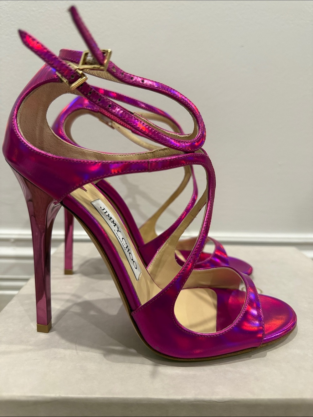 Jimmy Choo Holographic Pink Strappy Heels – Size 37 – New